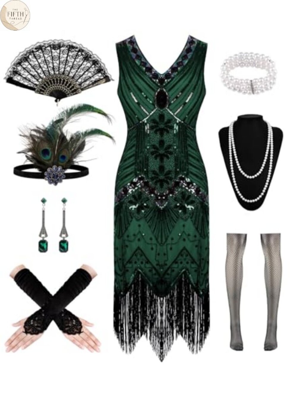 1920s Flapper Dress Set Sequin Beaded Fringe Costume with Accessories